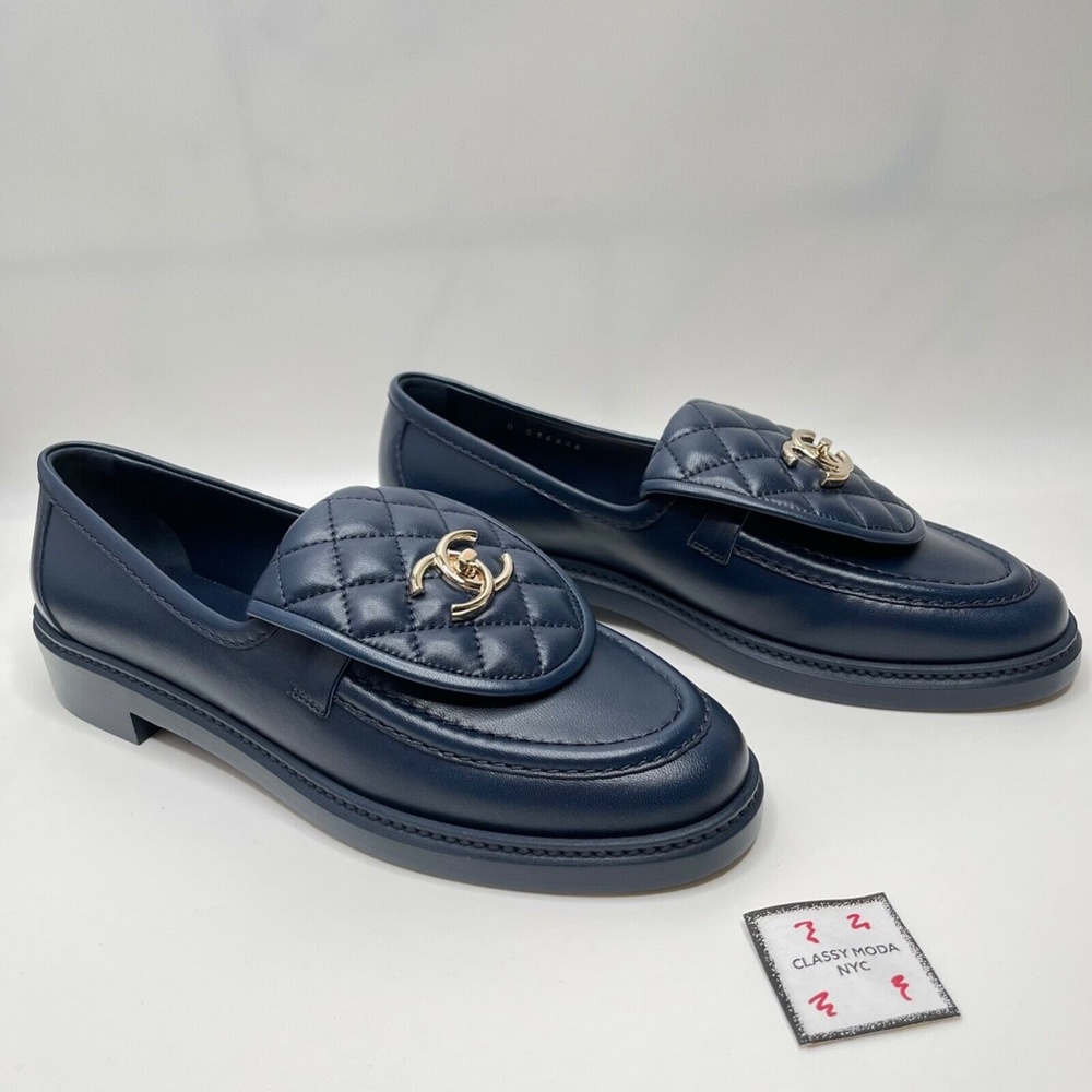 ❌❌ SOLD Chanel NIB 2021 Navy Blue Gold CC Logo Quilted Flap Flats Loafers - Picture 6 of 14